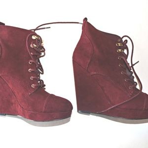Burgundy Faux Suede Lace-up Wedges